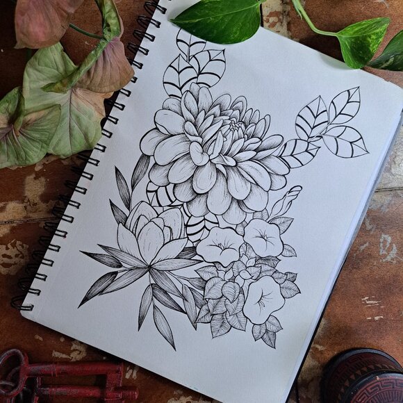 Bouquet of flowers hand drawn with pen on paper - Picture 1 of 1